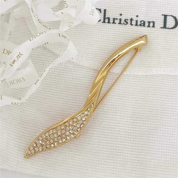 DIOR Vintage Gold Toned Leaf Rhinestone Brooch Pin 1990s-2000s - Picture 10 of 12